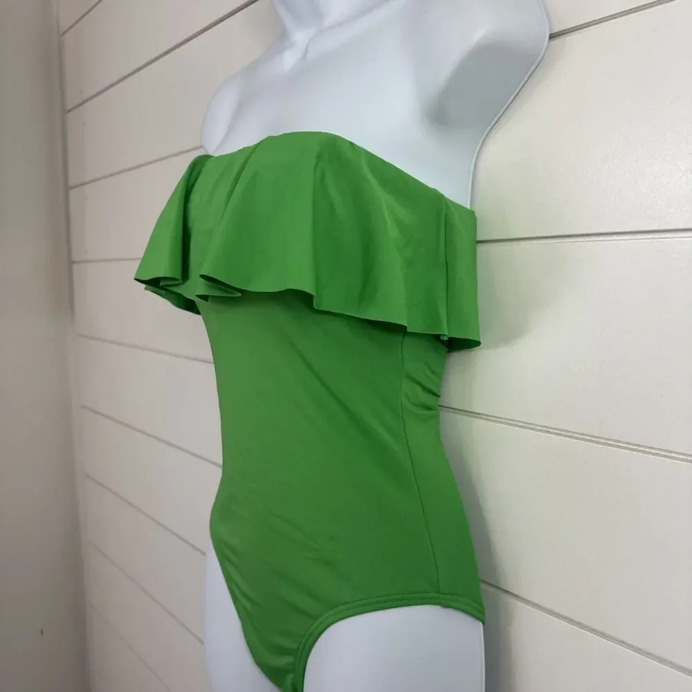Kate Spade Ruffle One Piece Swimsuit Strapless Fern Moss Green sz XS